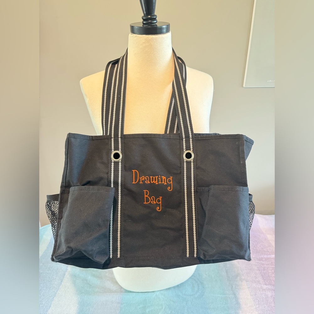 Thirty-One Black Craft Bag with Striped Handles